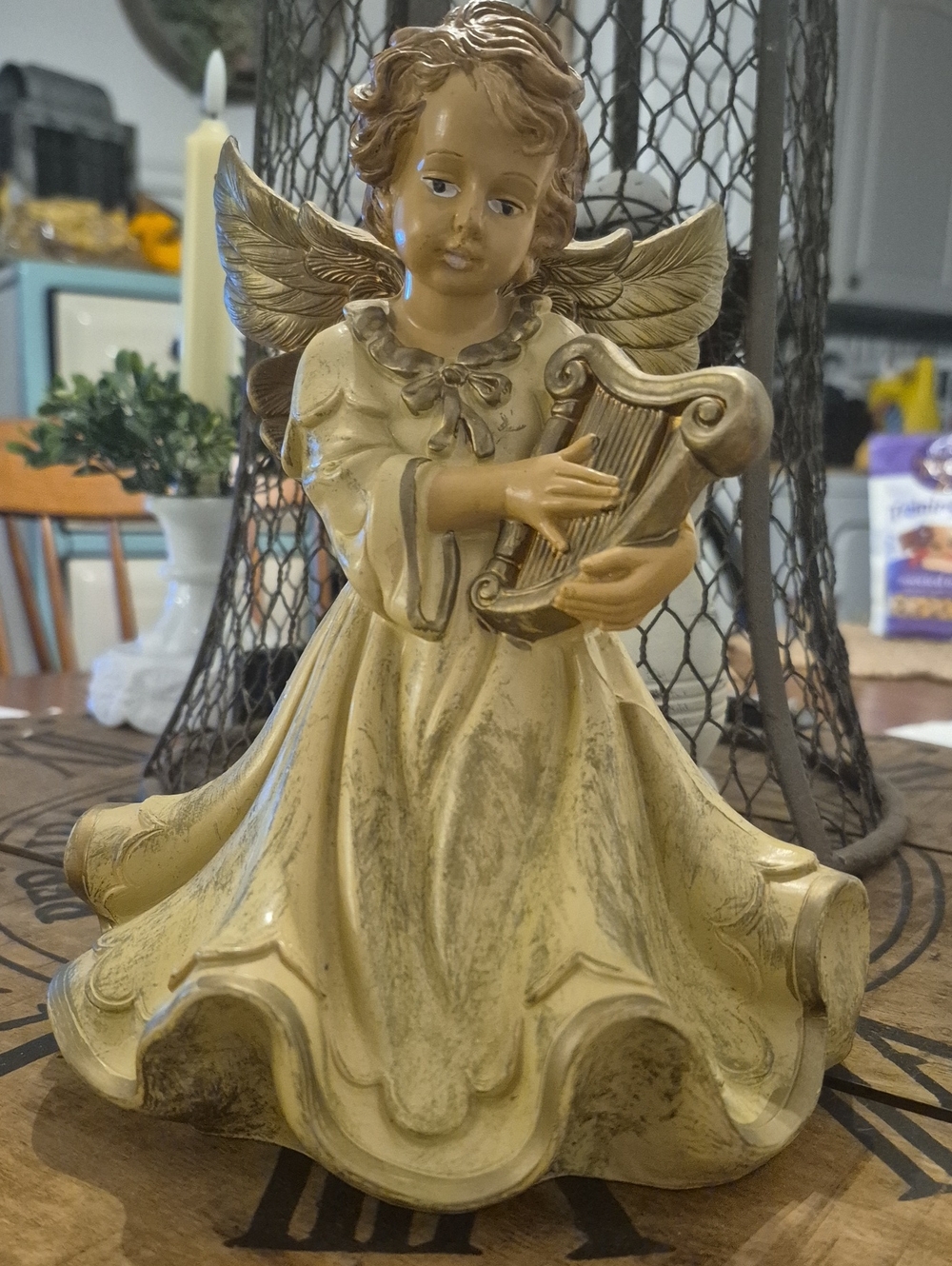 VINTAGE Gold Angel Figurine with Harp
